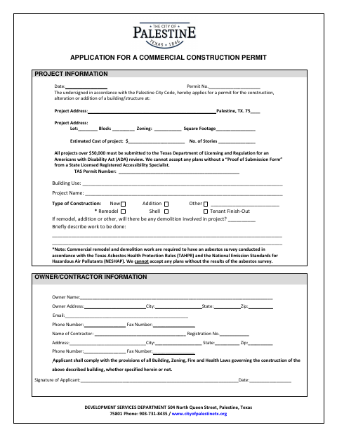 First page of the Application for a Commercial Construction Permit