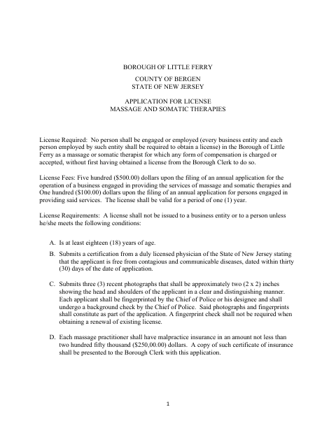 First page of the Massage and Somatic Therapies License Application