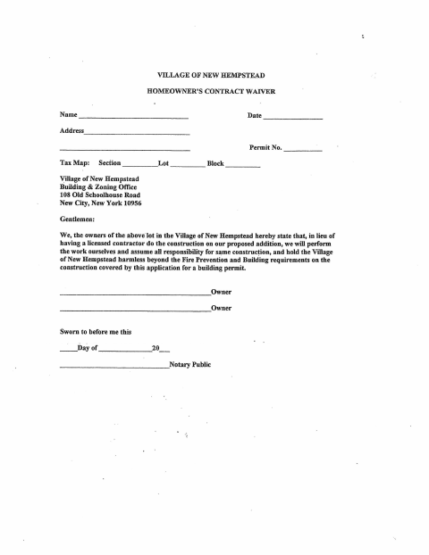 First page of the Homeowner’s Contract Waiver