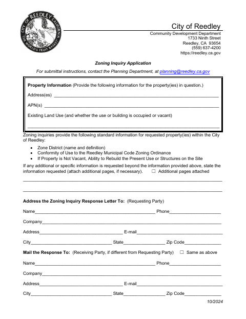 First page of the Zoning Inquiry Application