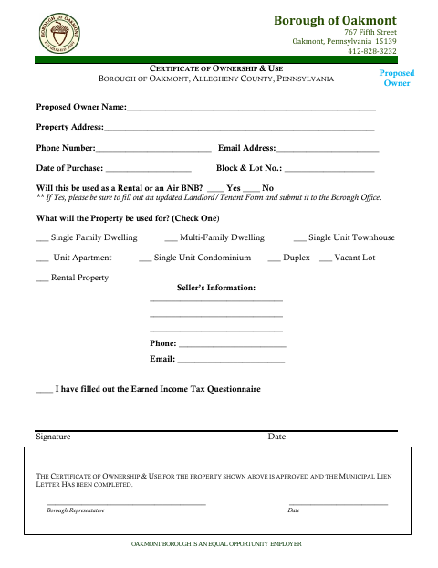 First page of the Certificate of Ownership & Use (Proposed Owner)
