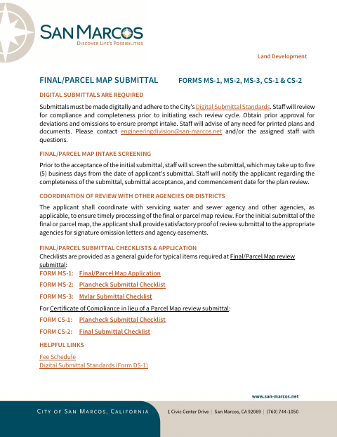 First page of the Final/Parcel Map Application and Submittal Checklist