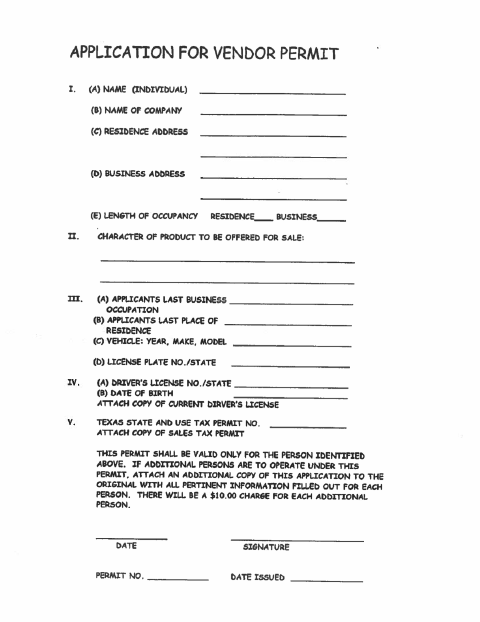 First page of the Vendor Permit Application