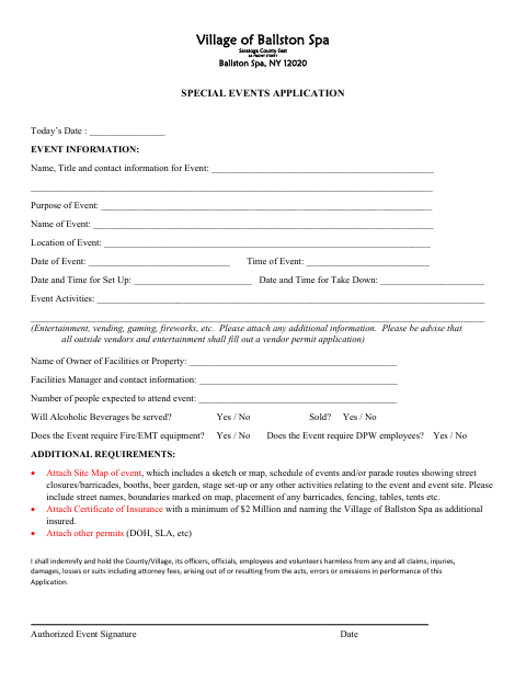 First page of the Special Events Application