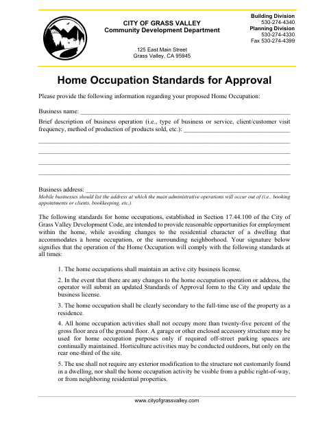 First page of the Home Occupation Standards for Approval