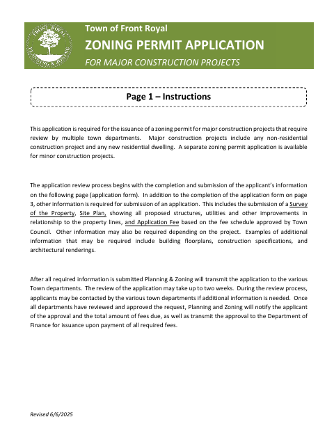 First page of the Zoning Permit Application For Major Construction Projects