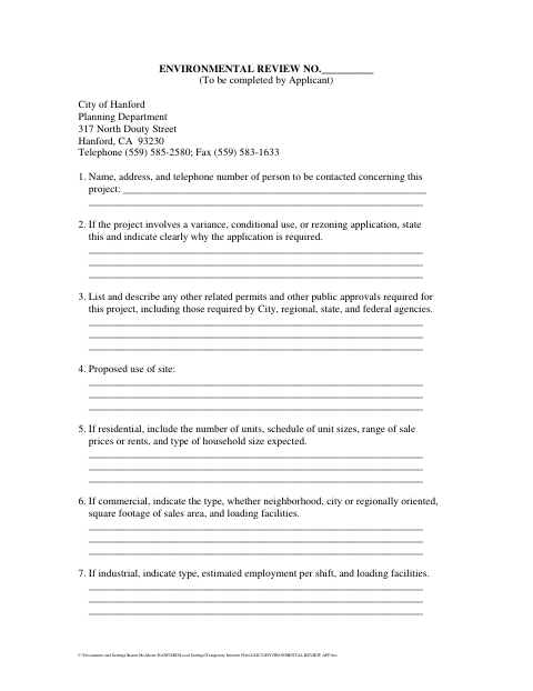 First page of the Environmental Review Application