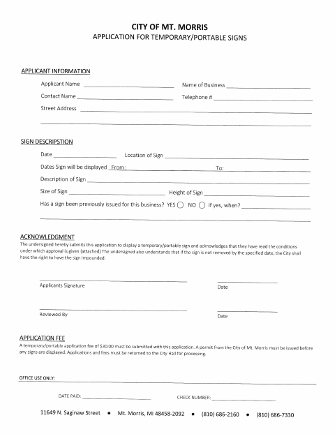 First page of the Temporary Signs Permit Application