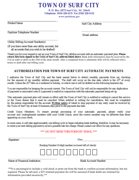 First page of the Authorization for Town of Surf City Automatic Payments