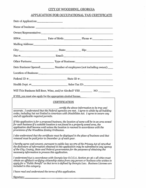 First page of the Occupational Tax Certificate Application