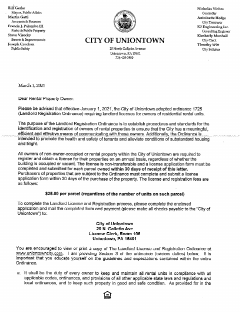 First page of the Landlord Rental and Property Owner Registration Application