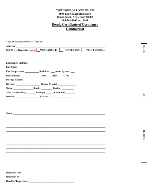 First page of the Resale Certificate of Occupancy Commercial