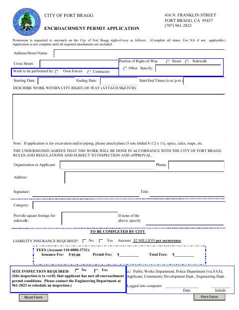 First page of the Encroachment Permit Application
