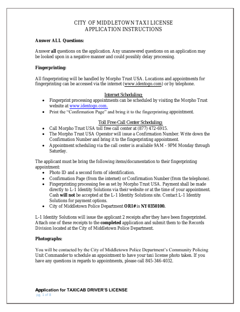 First page of the Taxicab Driver’s License Application