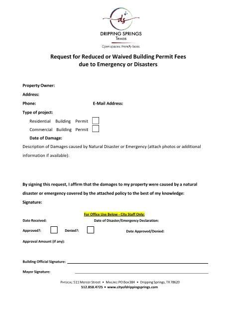 First page of the Disaster Fee Reduction/Waiver Request Form