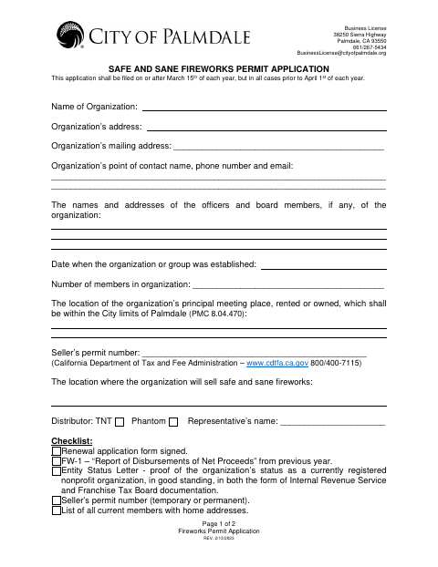 First page of the Safe And Sane Fireworks Permit Application