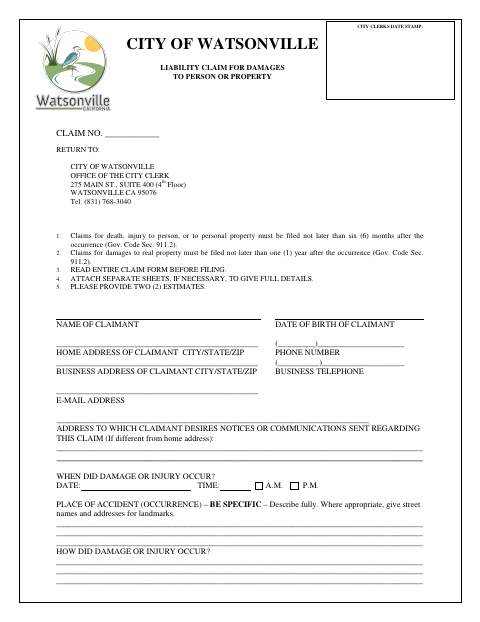 First page of the Liability Claim for Damages to Person or Property