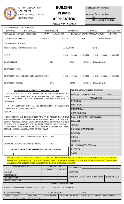 First page of the Building Permit Application