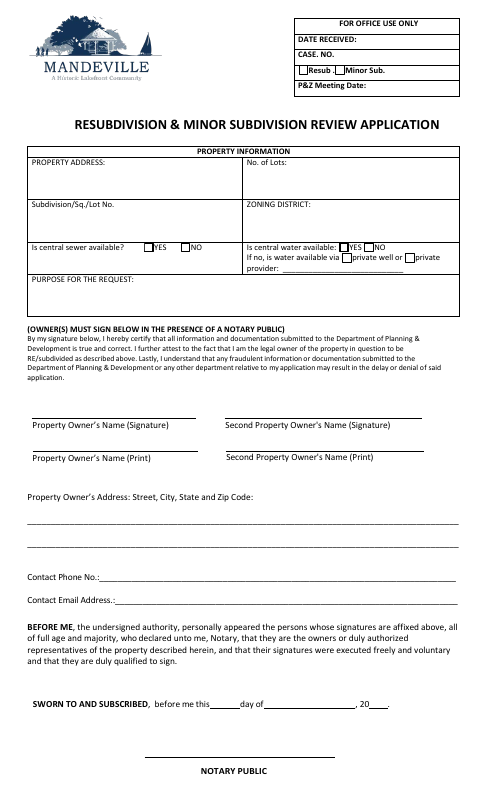 First page of the Resubdivision and Minor Subdivision Review Application
