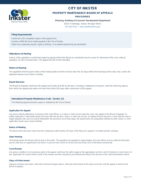 First page of the Property Maintenance Board of Appeals Application
