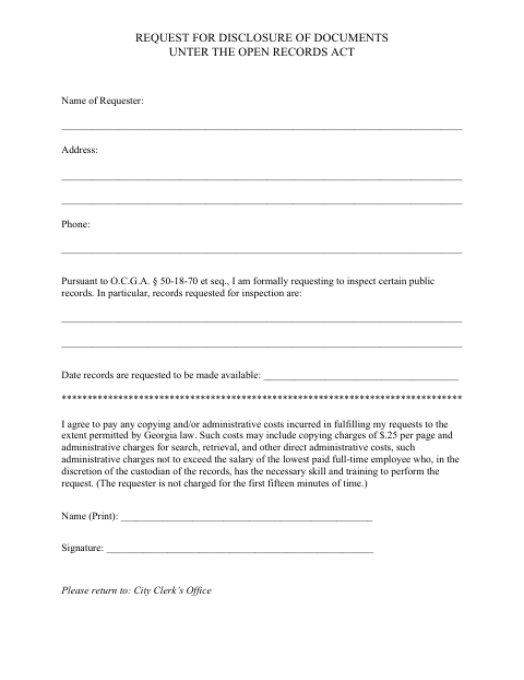 First page of the Request for Disclosure of Documents Under the Open Records Act