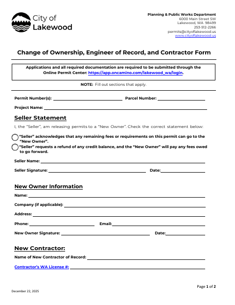 First page of the Change of Ownership, Engineer of Record, and Contractor Form