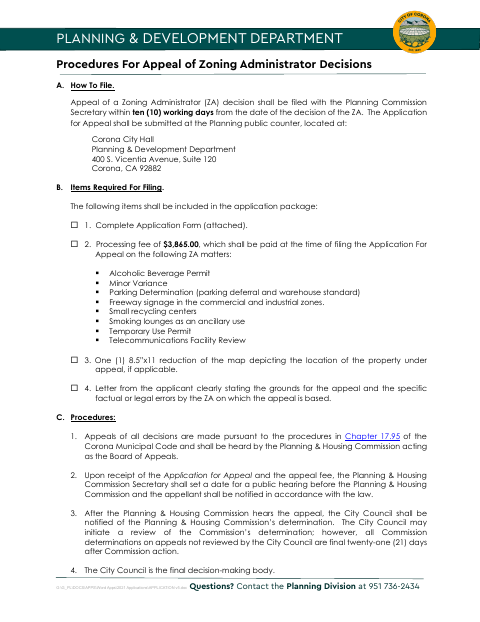 First page of the Application for Appeal of Zoning Administrator Decision