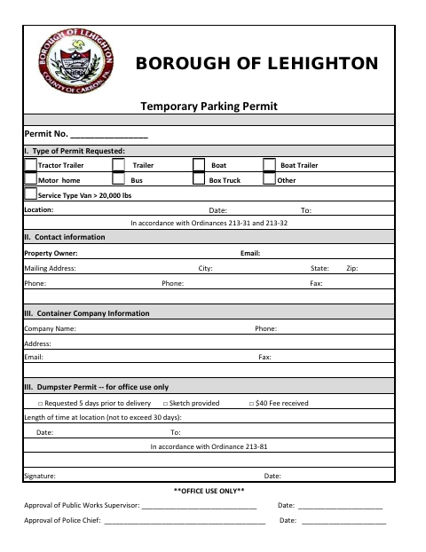 First page of the Temporary Parking Permit