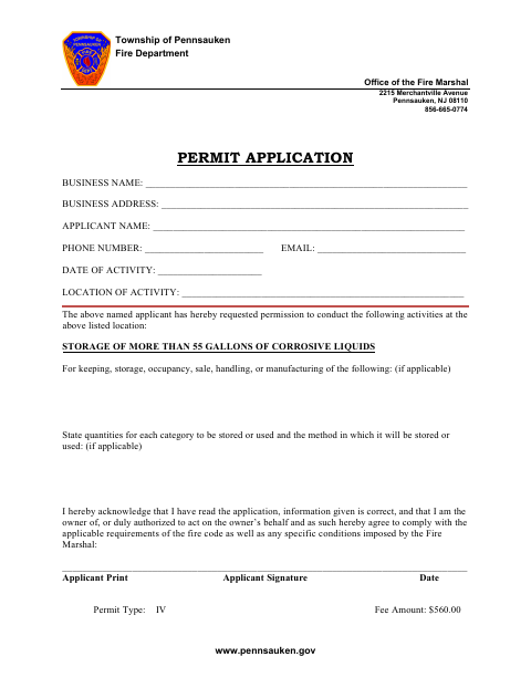 First page of the Corrosive Liquids Permit Application
