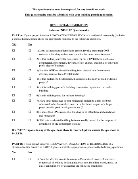 First page of the Demolition Questionnaire
