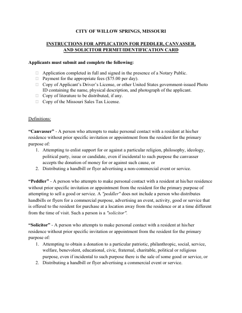 First page of the Peddler, Canvasser, and Solicitor Permit Application