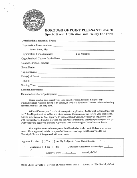First page of the Special Event Application and Facility Use Form