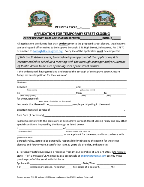 First page of the Application for Temporary Street Closing