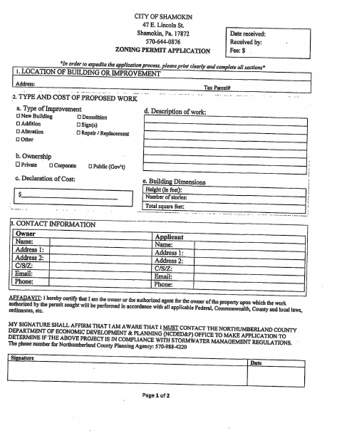 First page of the Zoning Permit Application