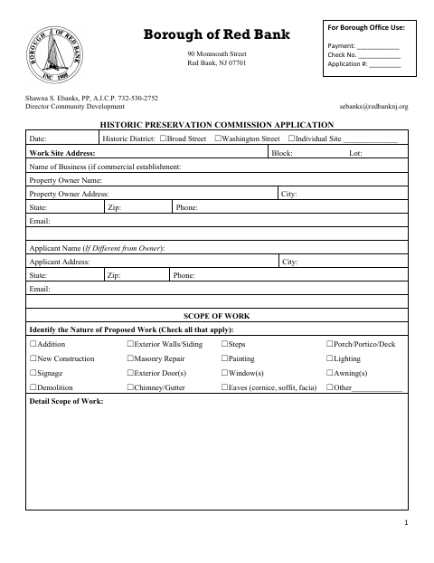 First page of the Historic Preservation Commission Application