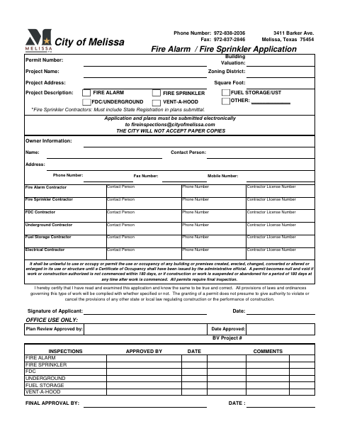 First page of the Fire Alarm / Fire Sprinkler Application