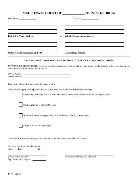 First page of the Answer to Petition for Abandoned Motor Vehicle Lien Foreclosure