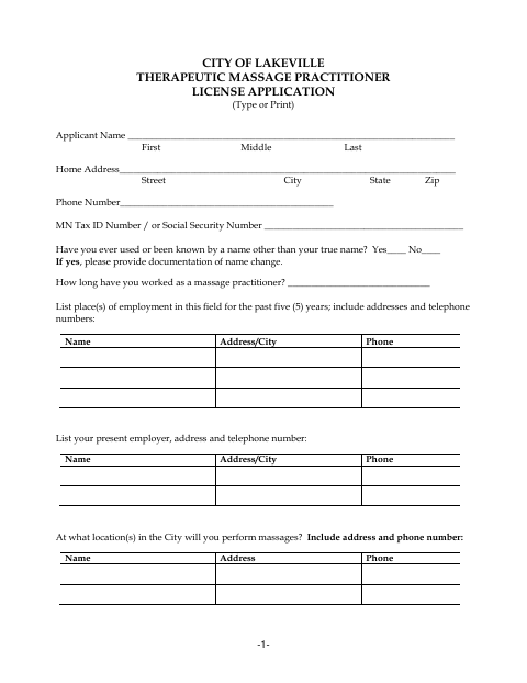 First page of the Therapeutic Massage Practitioner License Application