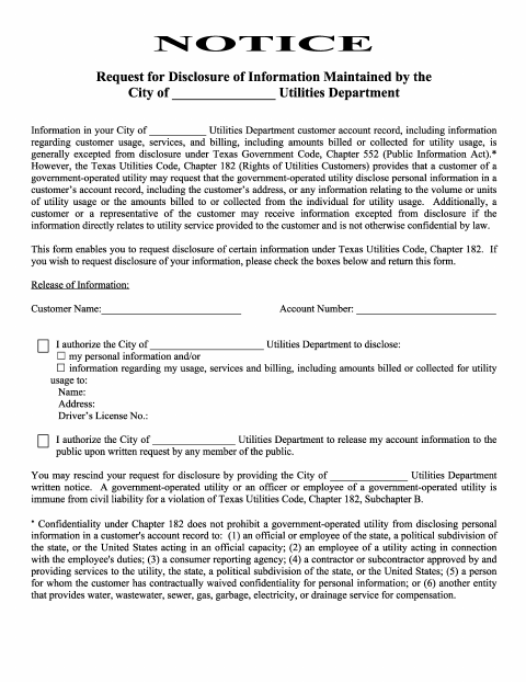 First page of the Customer Request to Disclose Information Form