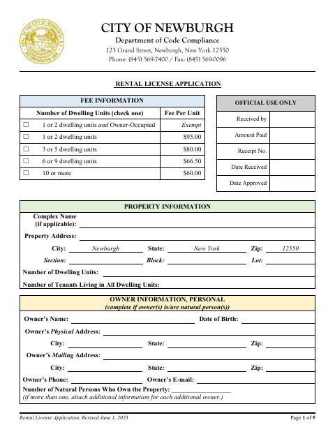 First page of the Rental License Application