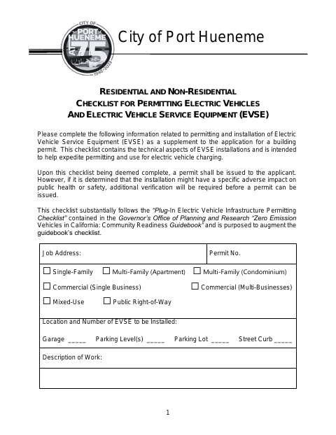 First page of the Residential and Non-Residential EV Charger Permit Checklist