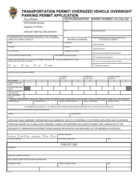 First page of the Transportation Permit/Oversized Vehicle Overnight Parking Permit Application