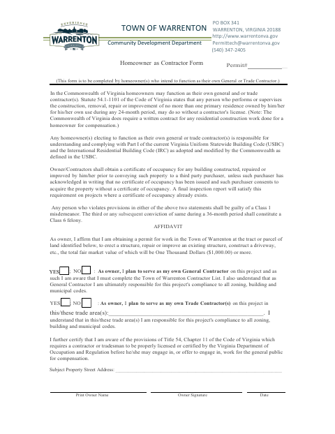 First page of the Homeowner as Contractor Form