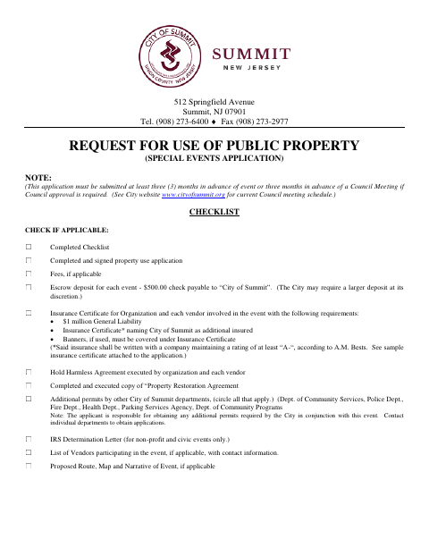 First page of the Request for Use of Public Property (Special Events Application)