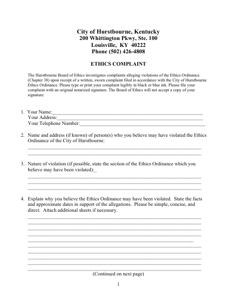 First page of the Ethics Complaint