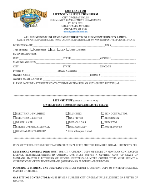 First page of the Contractor License Verification Form