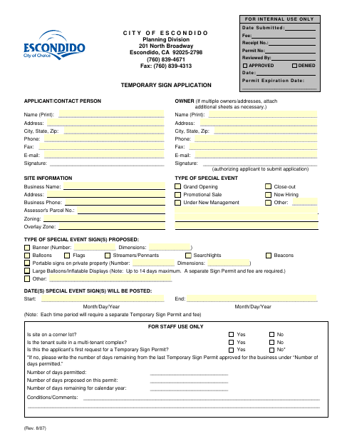 First page of the Temporary Sign Application