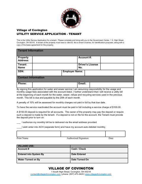 First page of the Utility Service Application - Tenant
