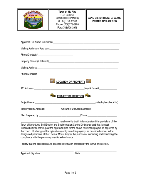 First page of the Land Disturbing / Grading Permit Application