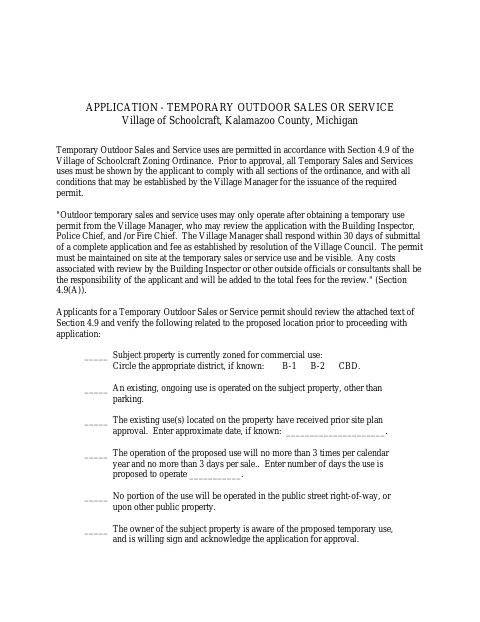 First page of the Temporary Outdoor Sales or Service Application